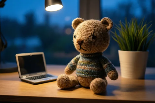 Een gebreide teddybeer in een gestreepte trui zit op een houten bureau bij een laptop en een plant, onder een bureaulamp voor een raam in de schemering.