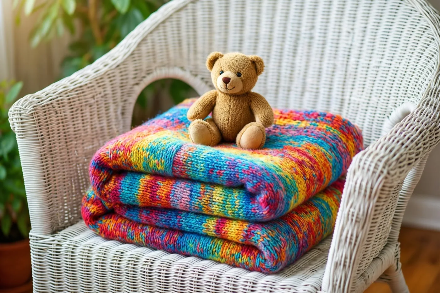 Een kleine bruine teddybeer zit op een opgevouwen veelkleurige gebreide babydeken op een witte rieten stoel, met groene planten op de achtergrond.