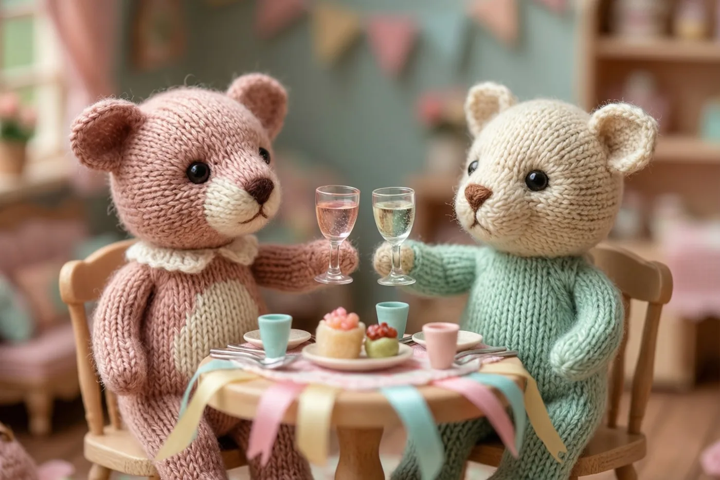 Twee gebreide teddyberen klinken met kleine glaasjes aan een houten miniatuurtafel met dessertjes, in een zacht verlichte poppenhuiskamer met pastelkleurige slingers.