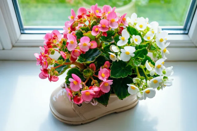 Roze en witte begonia's staan in een beige bloempot in de vorm van een babyschoen op een vensterbank, met groen en een wit raamkozijn op de achtergrond.