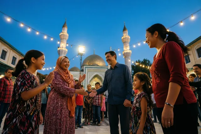 Volwassenen en kinderen begroeten elkaar glimlachend buiten voor een moskee met minaretten en een koepel, onder lichtslingers aan een schemerhemel.