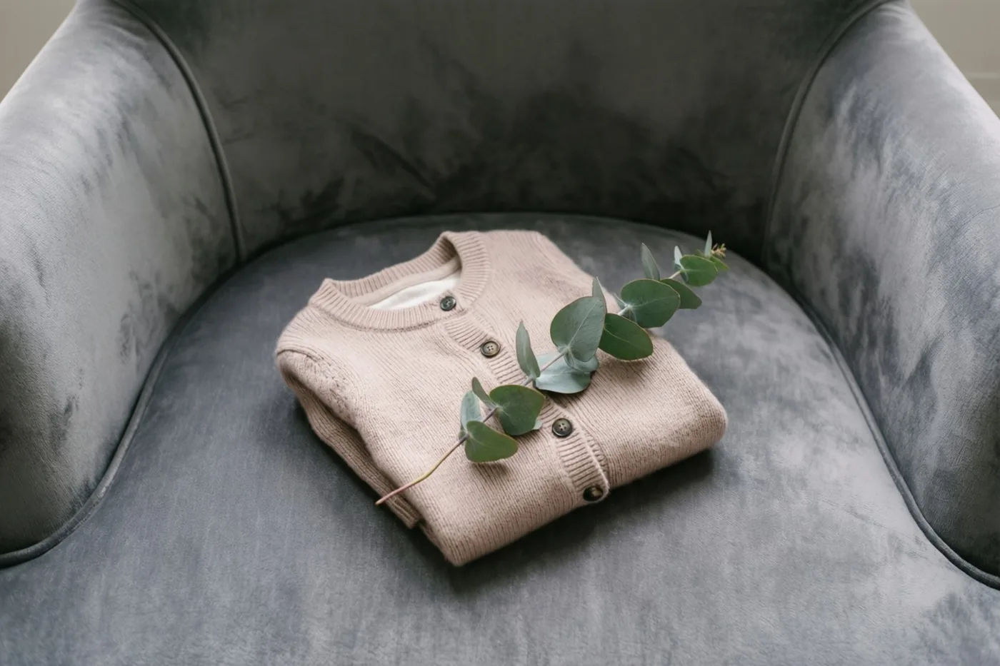 Een opgevouwen beige babyvestje ligt met een takje eucalyptus op een grijze fluwelen fauteuil in zacht licht.