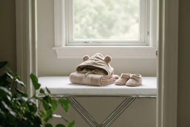Een opgevouwen beige babybadcape met berenoortjes en bijpassende kleine slofjes liggen op een witte verzorgingstafel onder een raam, in zacht daglicht.