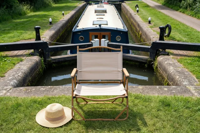 Een beige campingstoel en een strohoed staan op groen gras naast een kanaalsluis, waarin een blauwe en crèmekleurige woonboot ligt onder een heldere zomerhemel.