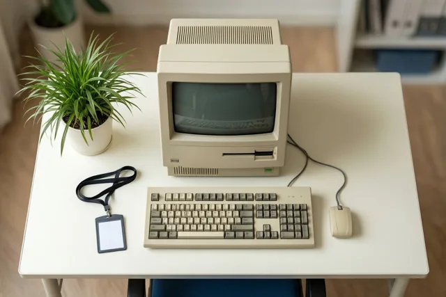 Een beige computer uit de jaren tachtig met scherm, toetsenbord en muis staat op een wit bureau naast een groene potplant en een onbedrukt halskoord.