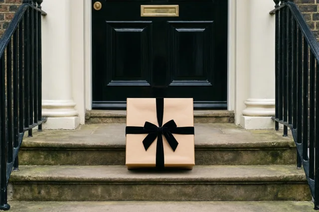 Een beige geschenkdoos met een zwarte fluwelen strik staat op de stenen treden van een elegante herenwoning met een zwarte voordeur, witte omlijsting en zwarte leuningen.