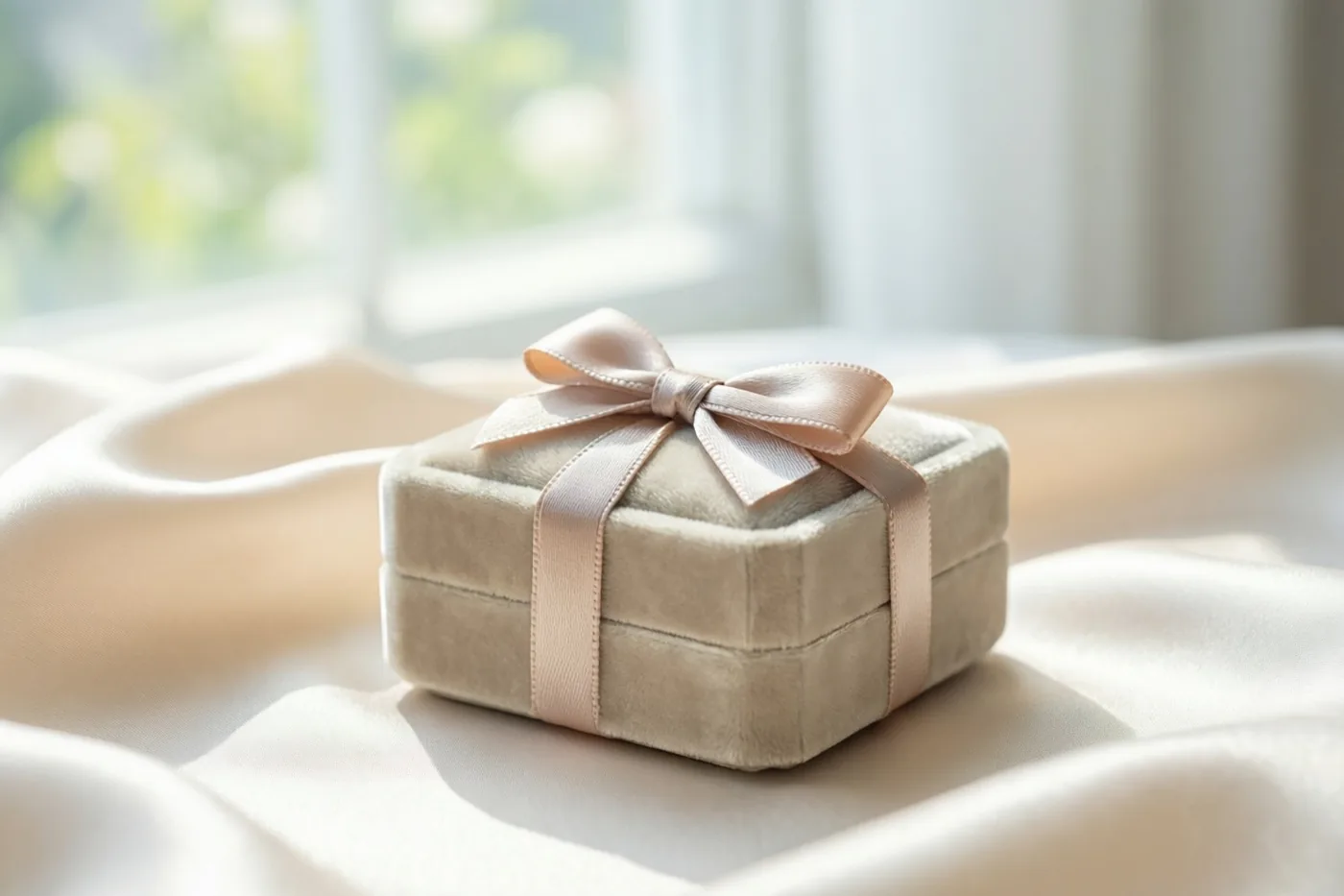 Een klein beige fluwelen juwelendoosje met een lichtroze satijnen strik staat op gedrapeerde crèmekleurige zijde, met zacht daglicht van een raam op de achtergrond.
