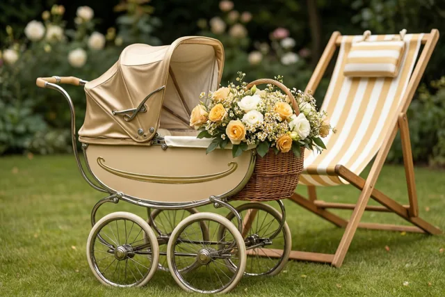 Een oude beige kinderwagen met een rieten mand vol gele en witte bloemen staat op groen gras naast een gestreepte ligstoel, met onscherpe rozenstruiken op de achtergrond.