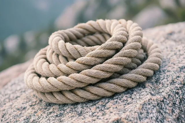 Een dik beige klimtouw ligt netjes opgerold op een ruwe granieten rots tegen een zacht onscherpe achtergrond in gedempte tinten.