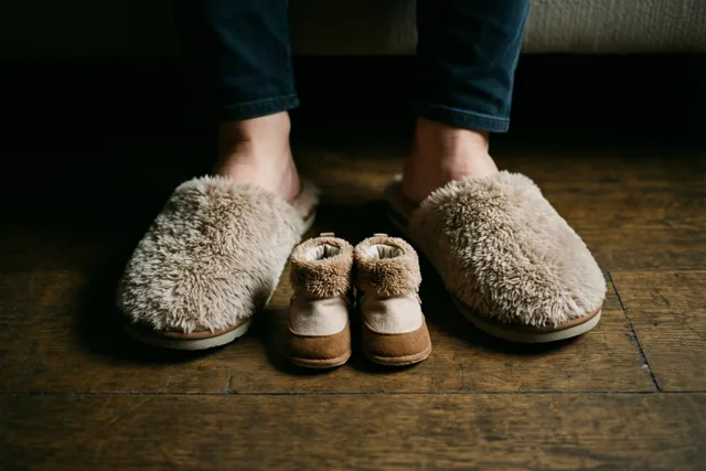 Volwassen voeten in pluizige beige pantoffels staan op een houten vloer naast kleine babyslofjes met hetzelfde ontwerp, in warm licht.