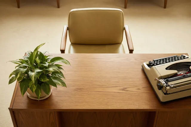 Een beige bureaustoel uit de jaren zestig staat achter een teakhouten bureau met een groene potplant en een beige typemachine.