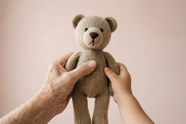 Een hand van een oudere persoon en een peuterhand houden samen een beige gebreide teddybeer vast tegen een effen lichtroze achtergrond.