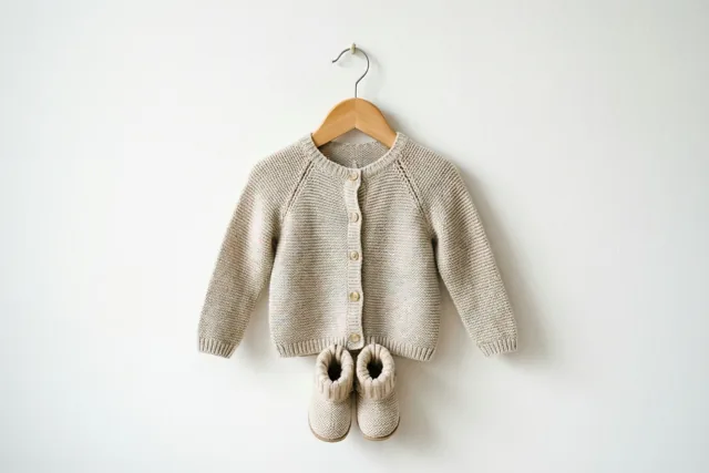 Een klein beige gebreid vestje met bijpassende slofjes hangt aan een houten kleerhanger tegen een effen witte muur.