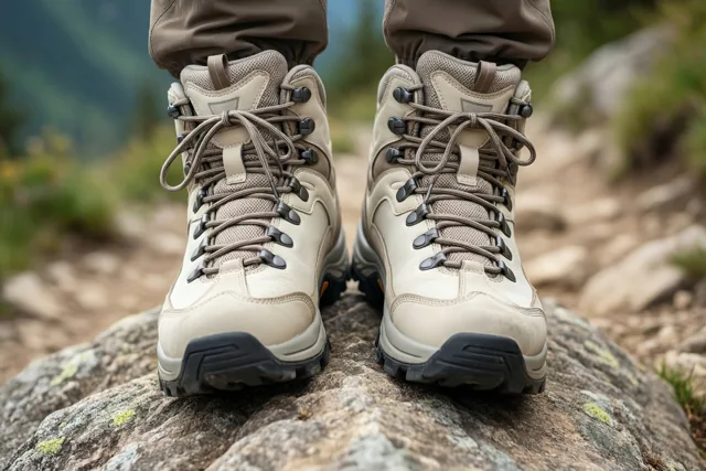 Een paar beige wandelschoenen met donkere veters en zolen staat op een grote ruwe rots, met een onscherp pad, groen en heuvels op de achtergrond.