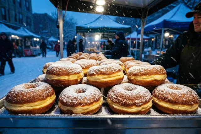 Een schaal warme goudbruine beignets met bloemsuiker staat bij een eetkraam onder vallende sneeuw, met mensen en tenten onder een blauwe schemerhemel op een drukke wintermarkt.