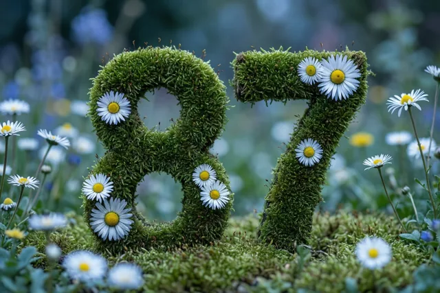 Een bemoste groene haag vormt 87 en is versierd met witte madeliefjes in een rustieke tuin met groene, witte en gele tinten.