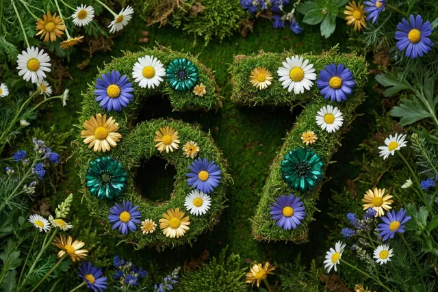 Het getal 67 is gevormd uit een bemoste groene haag en versierd met witte, blauwe, gele en blauwgroene madeliefjes in een landelijke tuin.