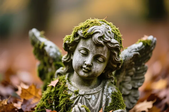 Een stenen engelenbeeld met gesloten ogen en vleugels is bedekt met groen mos en omringd door gevallen herfstbladeren in zacht, warm licht.