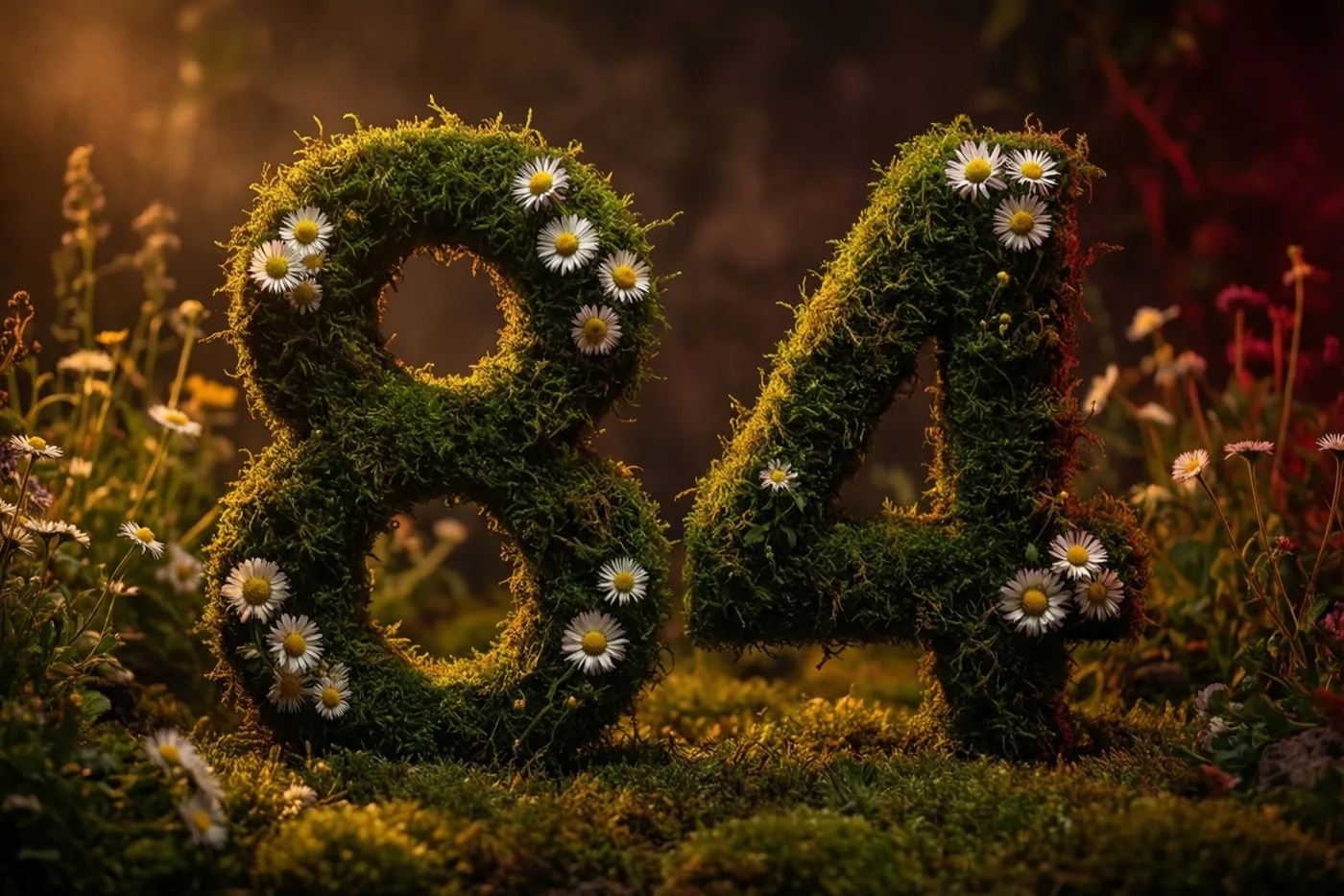 Het getal 84 is gevormd uit een bemoste groene haag met witte madeliefjes in een rustieke tuin in warm licht.