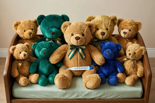 Een grote lichtbruine teddybeer met een thermometer zit tussen kleinere bruine, groene en blauwe beren in een houten speelgoedbed met een lichtgroen kussen.