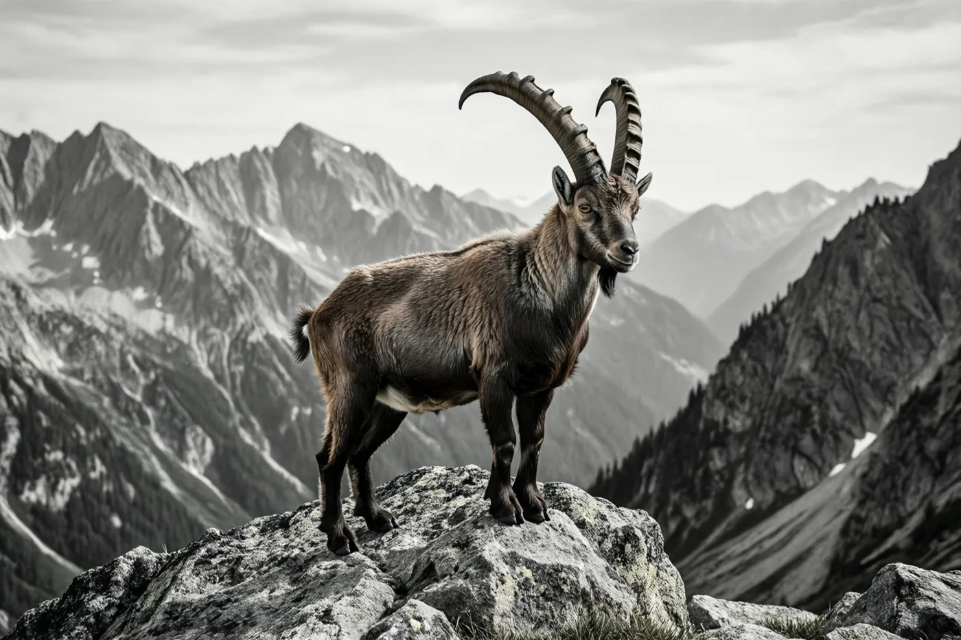 Een berggeit met grote gebogen hoorns staat alert op een uitstekende rots, met mistige bergen onder een bewolkte hemel op de achtergrond.