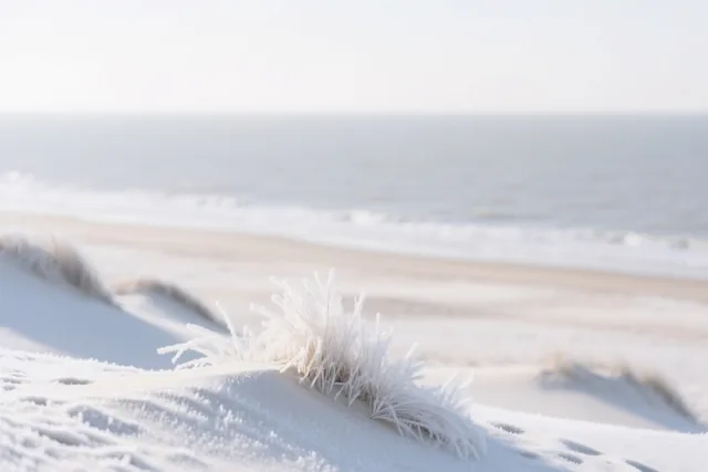 Een close-up toont berijpt duingras op besneeuwde duinen met een kalme grijze zee op de achtergrond.