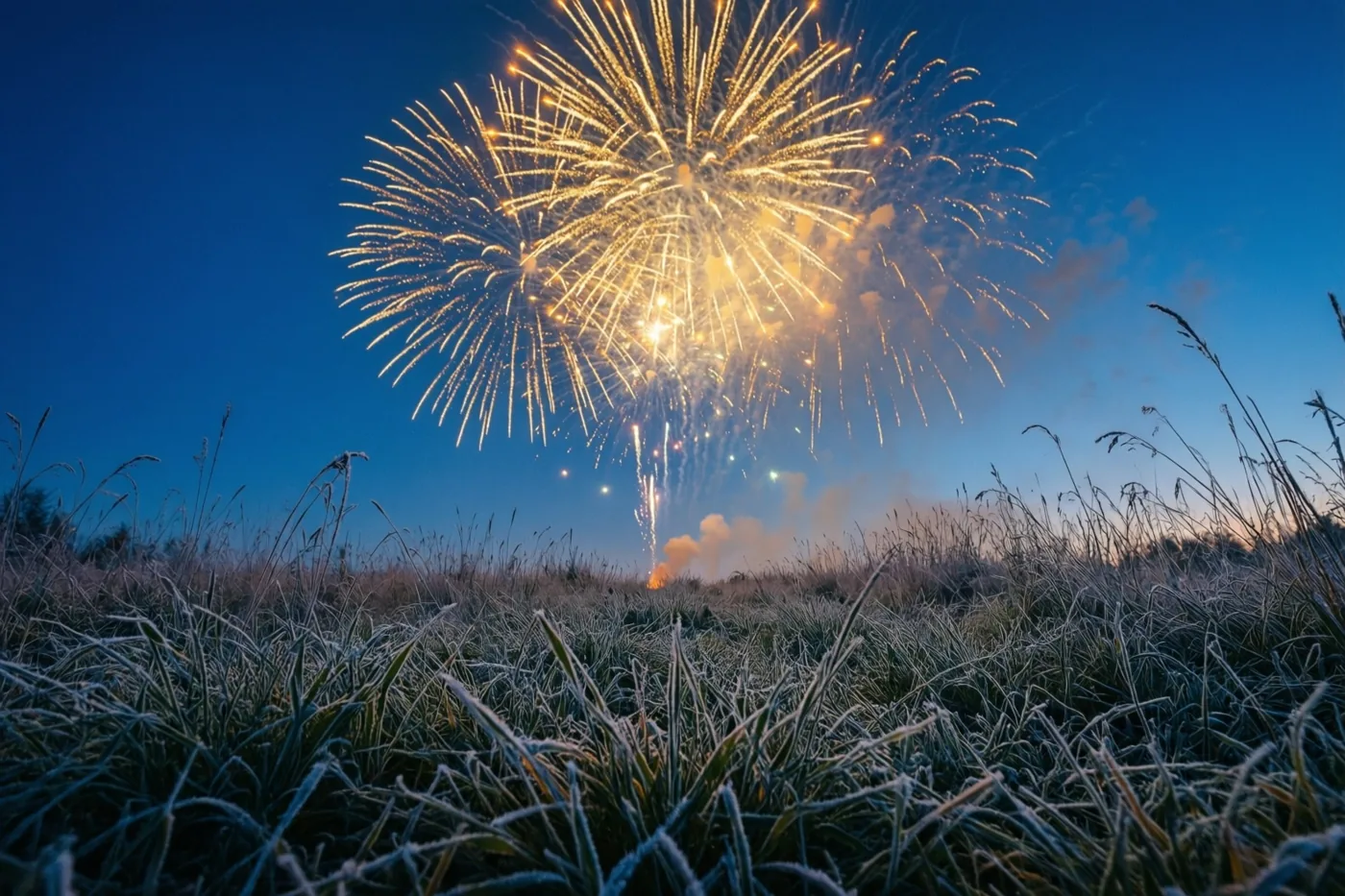 Van laag bij de grond is berijpt gras te zien onder goudkleurig vuurwerk aan een diepblauwe schemerhemel.