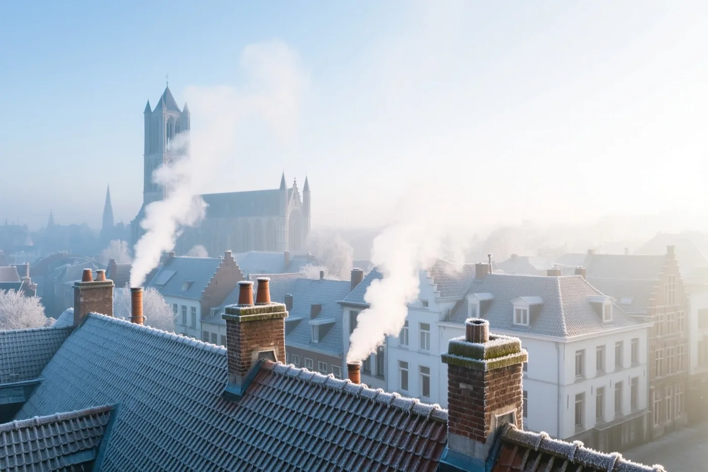 Berijpte daken en rokende schoorstenen in Gent liggen onder een heldere blauwe hemel, met een grote kerktoren op de achtergrond.