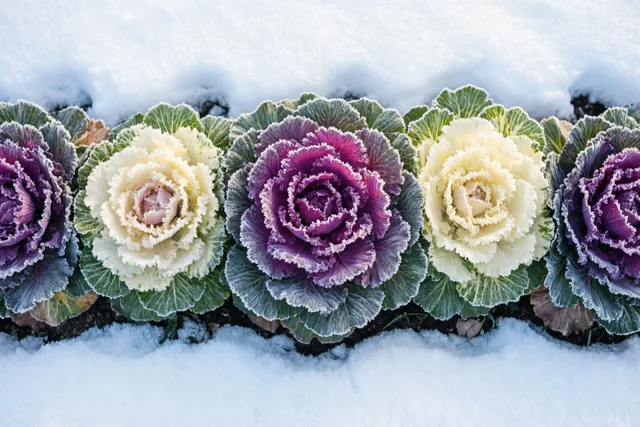 Een rij paarse en crèmekleurige sierkolen met berijpte bladeren staat in een winterborder met sneeuw langs de rand.
