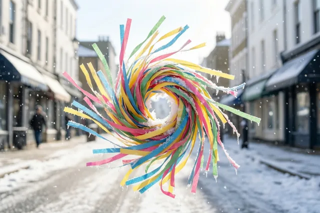 Met rijp bedekte papieren slingers lijken stil te hangen boven een besneeuwde stadsstraat met gebouwen en vallende sneeuw.