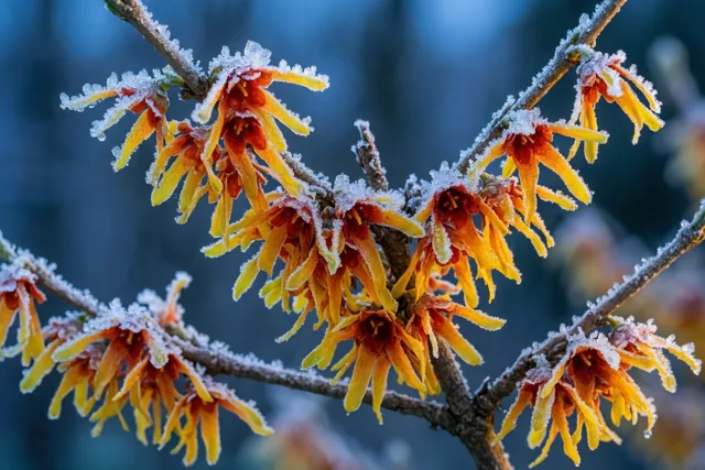 Oranje en gele toverhazelaarbloemen aan kale twijgen zijn bedekt met witte rijp tegen een wazige blauwe achtergrond.