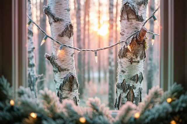 Door een raam is een lichtslinger tussen twee berkenstammen in een berijpt bos bij zonsopgang te zien, met onscherpe groenblijvende takken op de voorgrond.