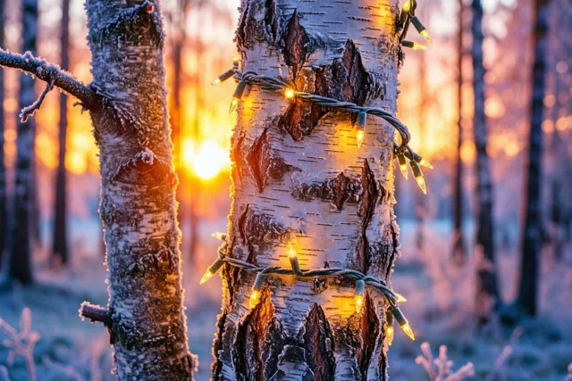 Berkenstammen met rijp staan in een bos met lichtslingers tussen de bomen in het gouden licht van de opkomende zon.