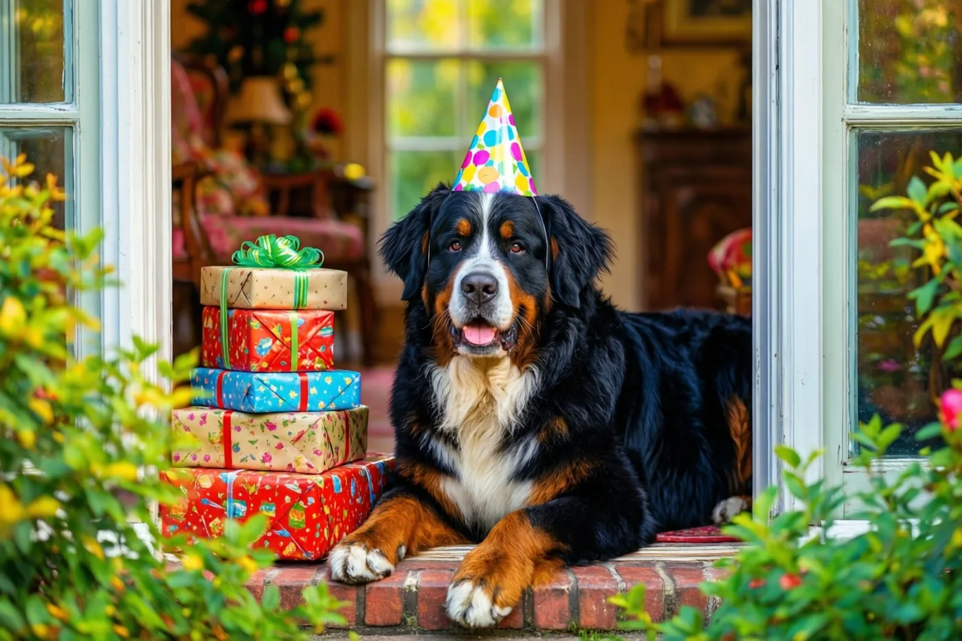 Een berner sennenhond met een kleurrijk feesthoedje ligt op een bakstenen trede naast gestapelde cadeaus in een lichte deuropening, met groen op de voorgrond.