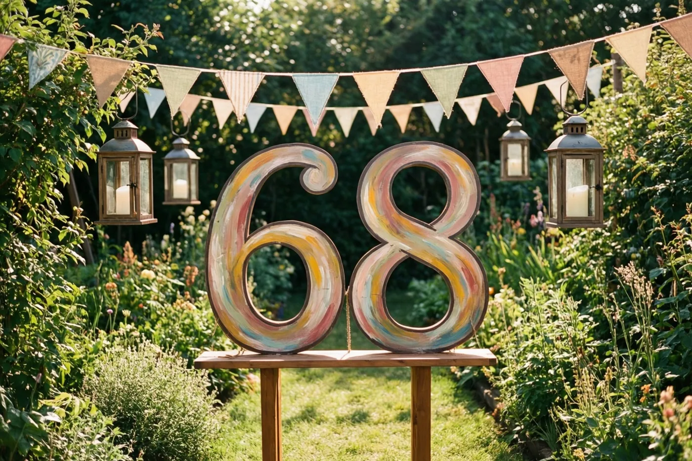 Een groot beschilderd houten bord met 68 staat op een houten standaard in een groene tuin met kleurrijke vlaggetjes en hangende lampionnen.