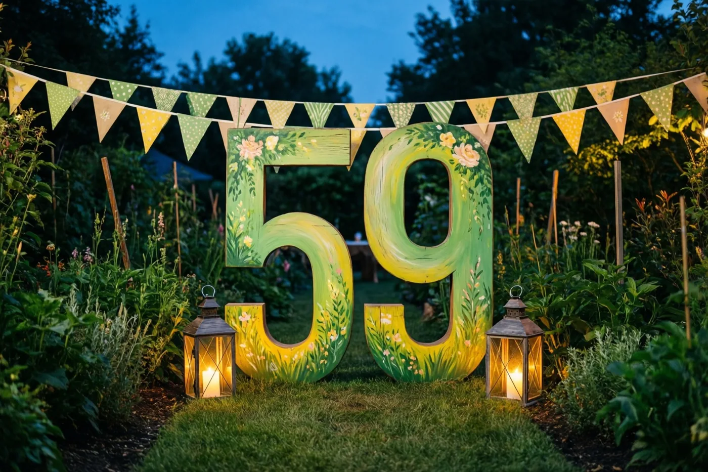 Een groot beschilderd houten bord met 59 en bloemenpatronen staat in een tuin bij schemering tussen twee brandende lantaarns, met gekleurde vlaggetjes erboven.