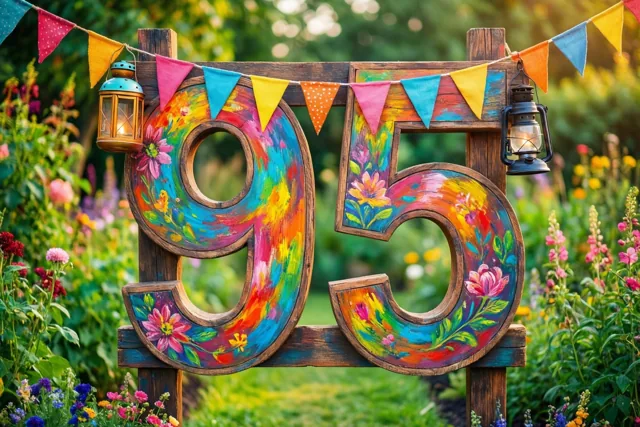 Een groot, kleurrijk beschilderd houten bord met 95 staat in een weelderige tuin tussen bloemen, kleurrijke vlaggetjes en hangende lampions.