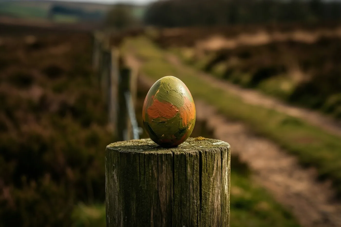Een paasei met groene en oranje penseelstreken balanceert op een verweerde houten weidepaal, met een wazig heidepad door glooiende heuvels op de achtergrond.