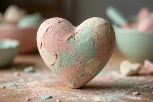 Een handgemaakt hart van klei met roze en blauwgroene verf ligt op een houten keukentafel met verspreid kleistof.