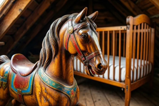Een oud houten hobbelpaard met beschilderde details staat naast een oude houten wieg op een rustieke zolder, in warm licht met bruine, rode en blauwe tinten.