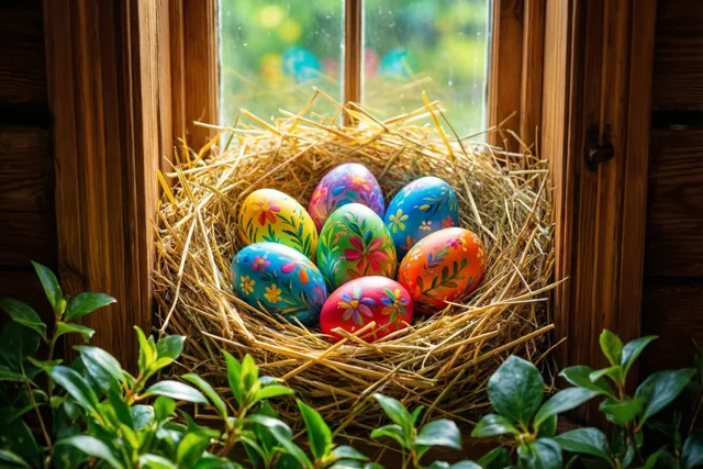 Een strooien nest met felbeschilderde paaseieren en bloemenpatronen staat op een vensterbank, met groen op de voorgrond en een wazige tuin buiten.