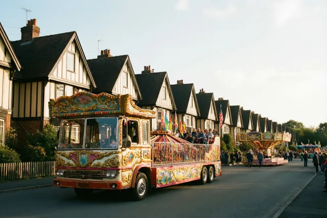 Een felbeschilderde carnavalswagen met mensen aan boord rijdt door een straat met traditionele trapgevelhuizen in warm gouden licht.