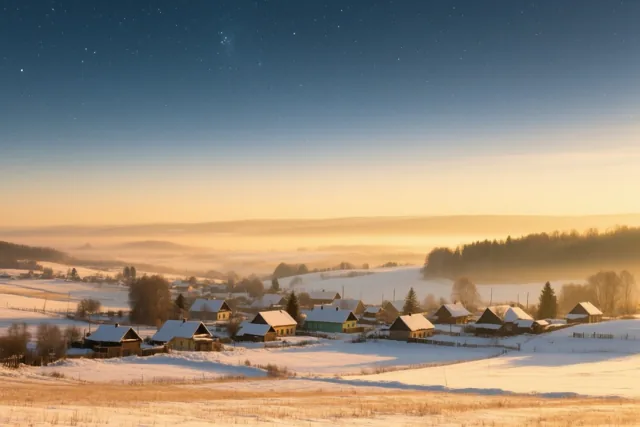 Besneeuwde huizen liggen in een stil dorp in een vallei onder een diepblauwe sterrenhemel, met warm goudkleurig licht aan de horizon.