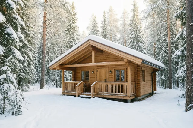 Een houten huisje met sneeuw op het dak en de veranda staat in een dicht besneeuwd bos in zacht licht.