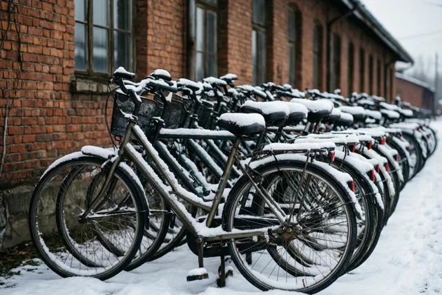 Een rij besneeuwde fietsen staat voor een oud bakstenen spoorweggebouw in gedempte kleuren.
