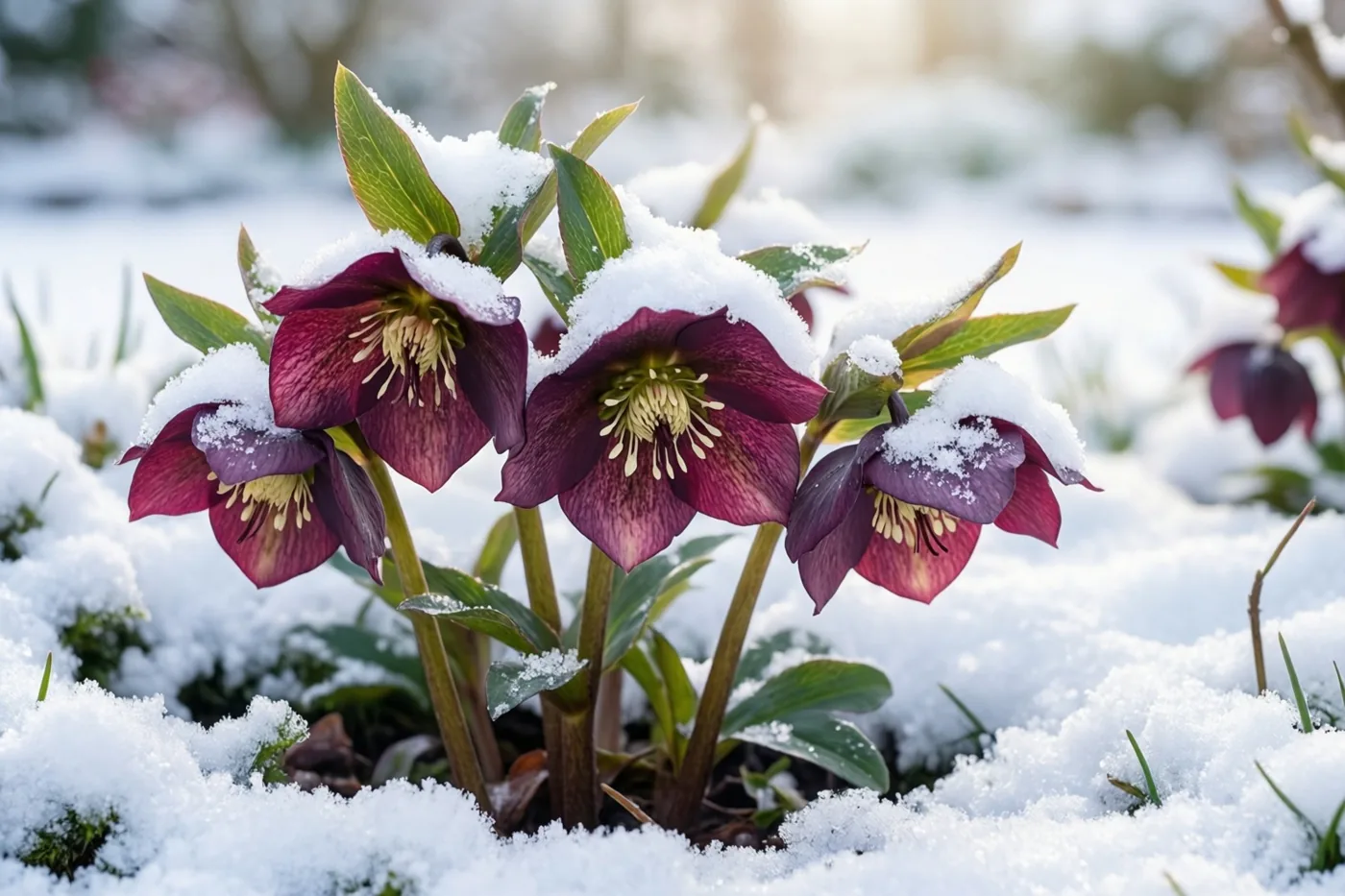 Dieppaarse helleborussen buigen hun bloemhoofdjes in een beschutte tuinborder waar verse sneeuw de grond en delen van de bloemen bedekt.