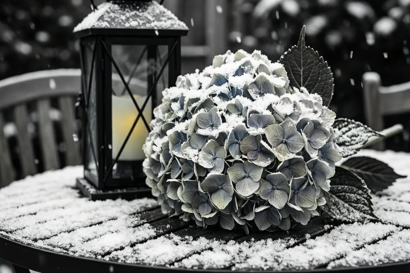 Een besneeuwde hortensiabloem ligt naast een zwarte lantaarn met een brandende kaars op een houten tuintafel in grijsblauwe wintertinten.