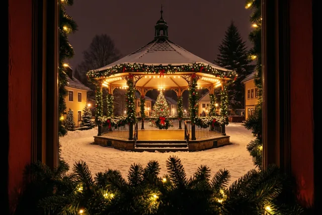 Door een raam met kerstgroen en lichtjes is 's nachts een besneeuwde dorpskiosk te zien, versierd met dennenslingers en warme lichtsnoeren.