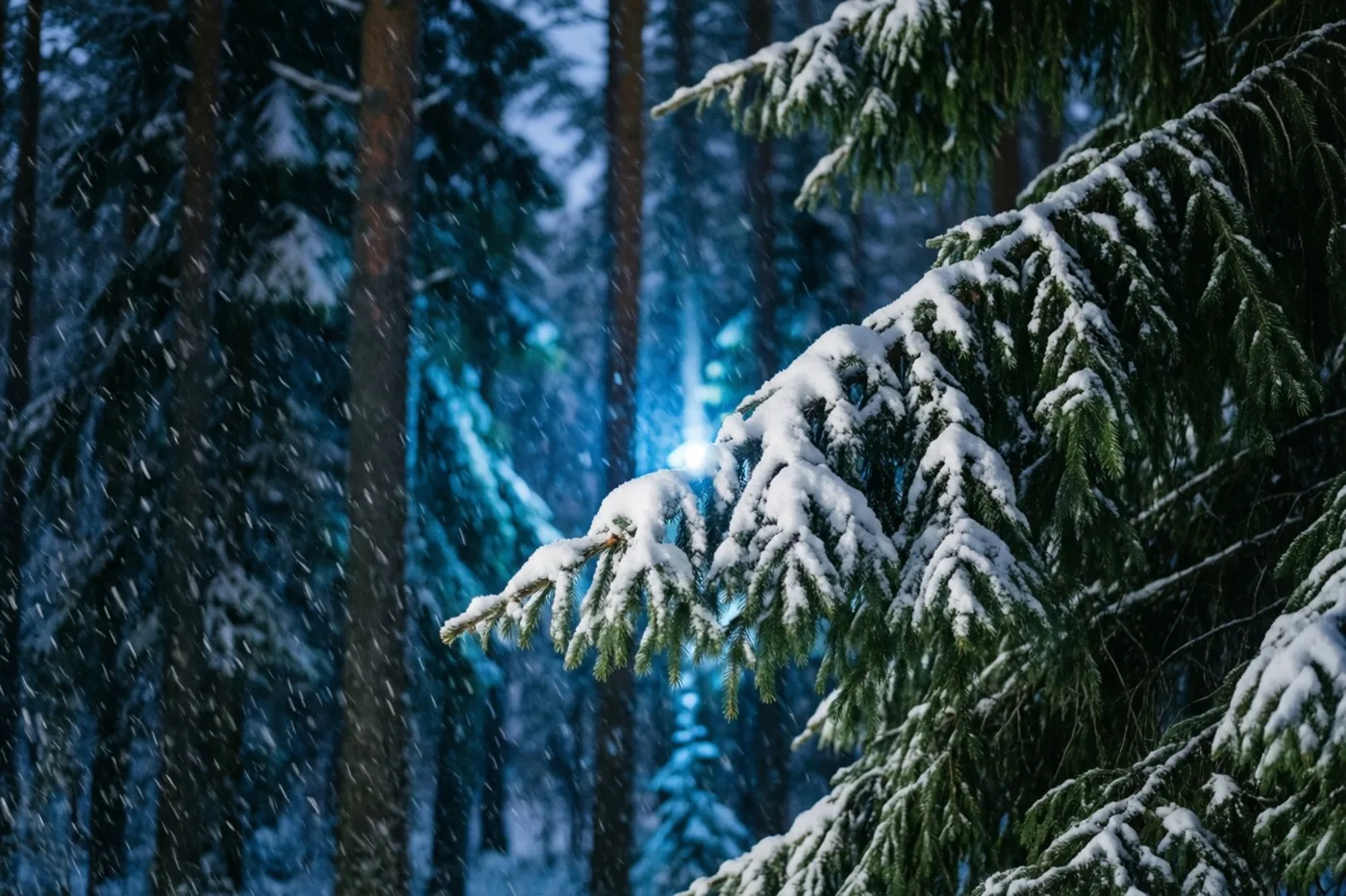 Een close-up toont zwaar besneeuwde sparrentakken in een donker bos bij hevige sneeuwval, met het laatste blauwe licht tussen de stammen.