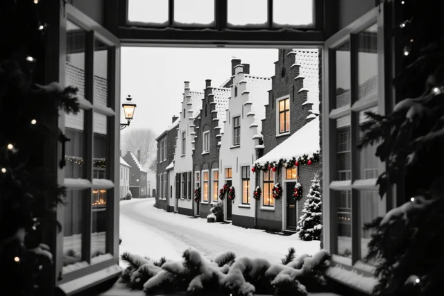 Vanuit een open raam is een besneeuwde straat met trapgevelhuizen en warm verlichte ramen te zien, omlijst door besneeuwde groenblijvende takken en feestelijke slingers.